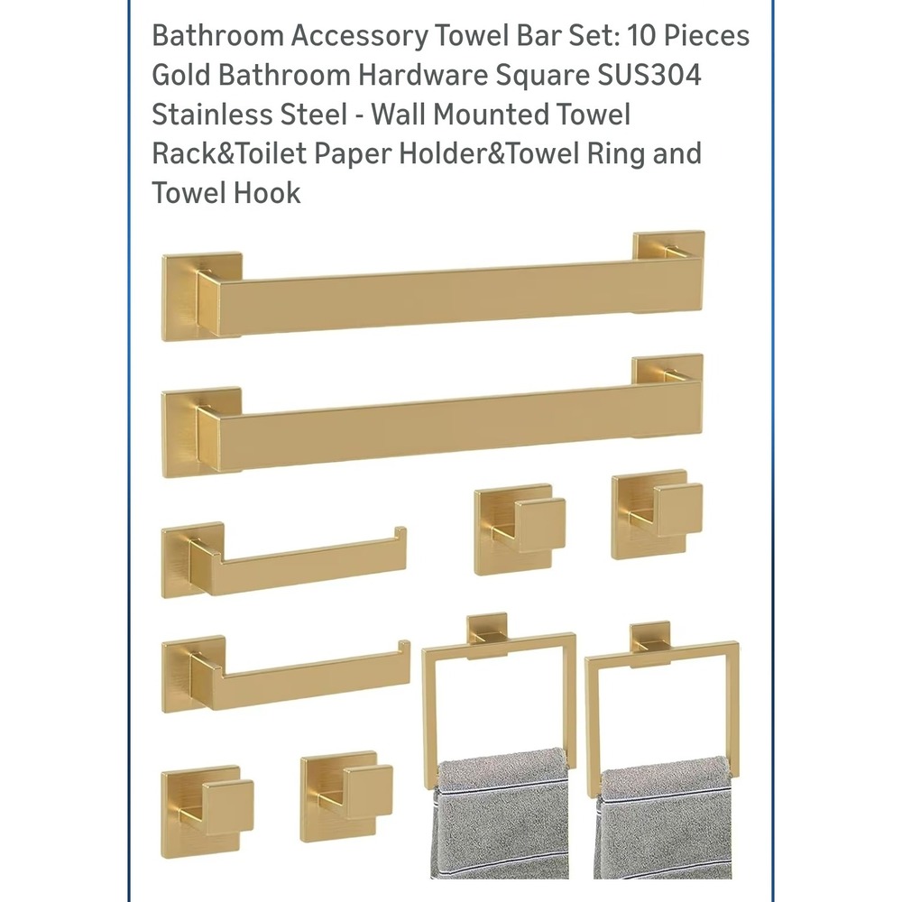 10pc Gold Bathroom Hardware Set SUS304 Stainless Steel Towel Bar Rack Square New